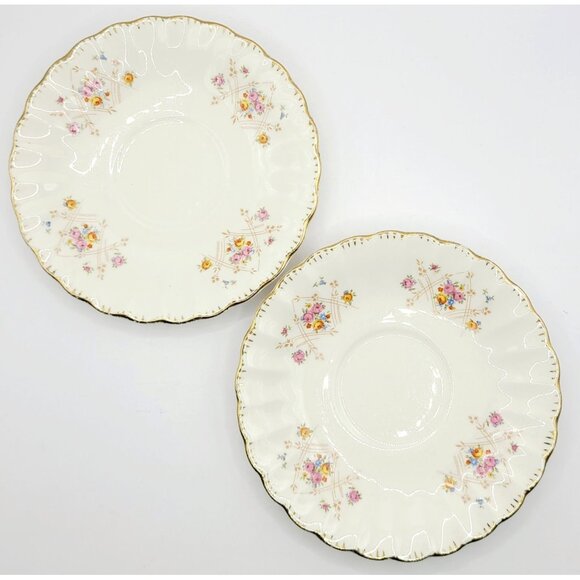 Vintage Limoges New Princess Porcelain Saucer Set Of 2 Gold Trim Scalloped Edges - Picture 1 of 7